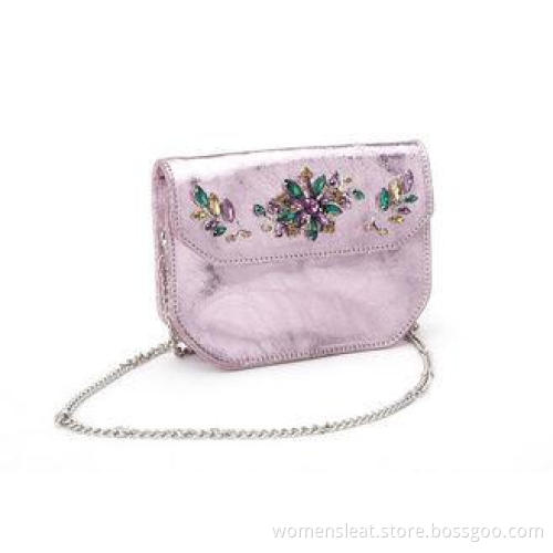 Mettalic Pink Cracked Small Leather Clutch Bags with Crysta